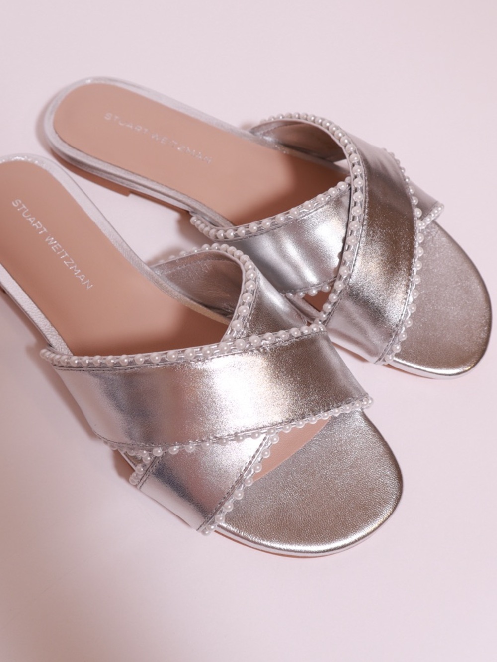 Stuart Weitzman Roza Pearl Slide Sandals in Silver size 5.5